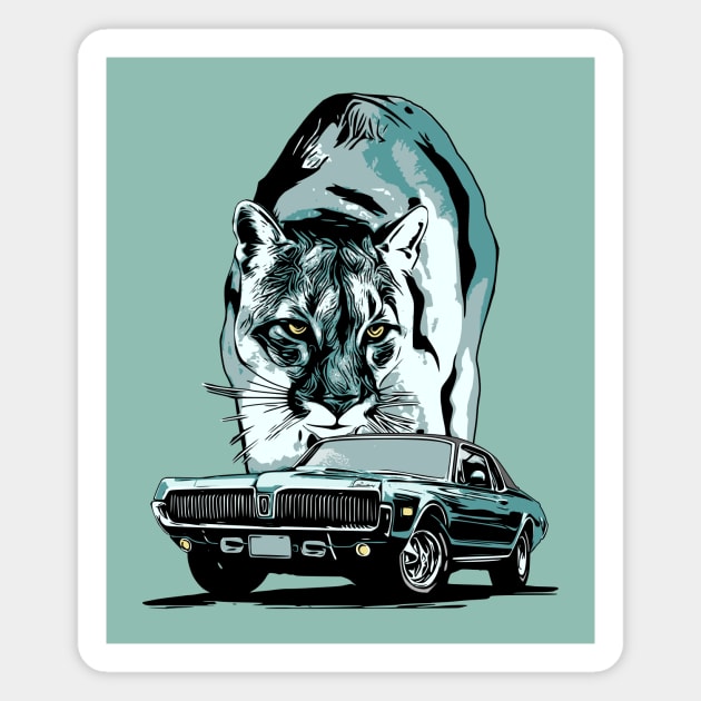 68 Mercury Cougar with cougar cat backdrop, blue/green theme. Magnet by ZoeysGarage